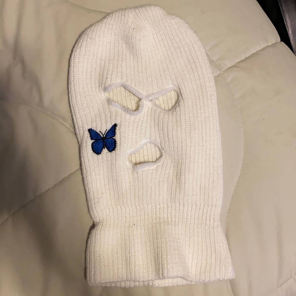 White Ski Mask With Embroidered Blue Butterfly